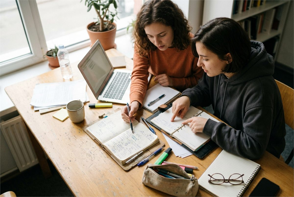 Overhead view of two students reviewing the week with planners and a laptop