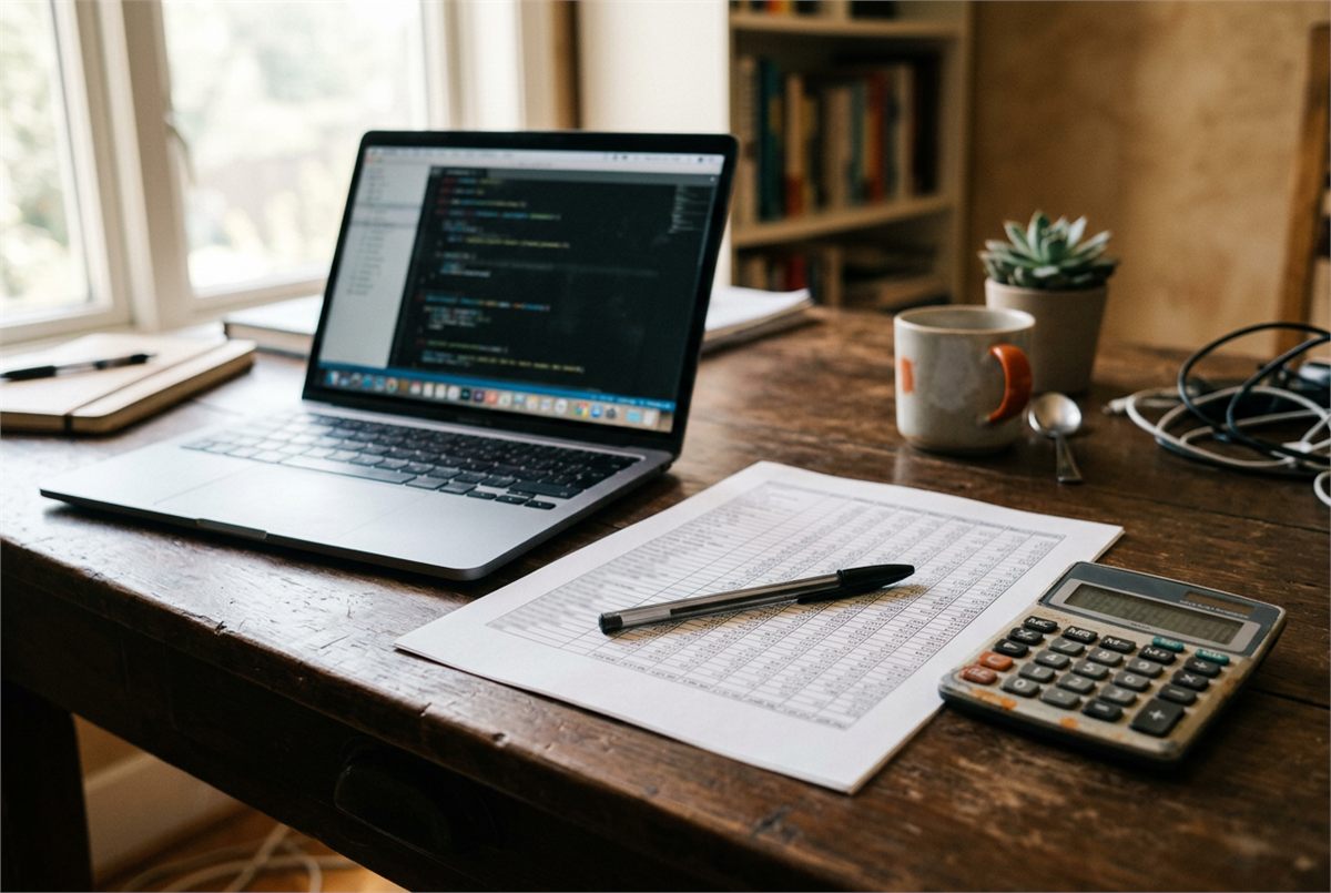 A laptop beside a printed spreadsheet and calculator on a desk