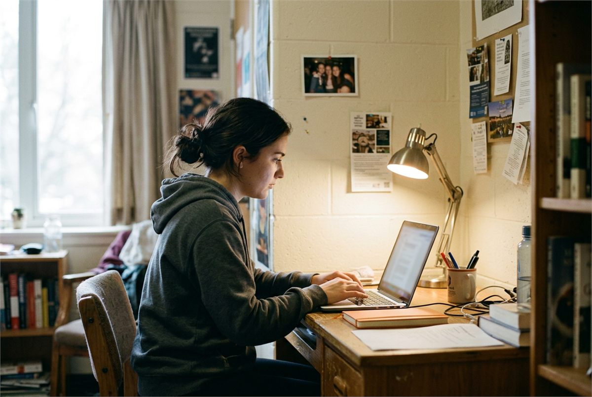 A student working at a dorm desk with a laptop and small lamp