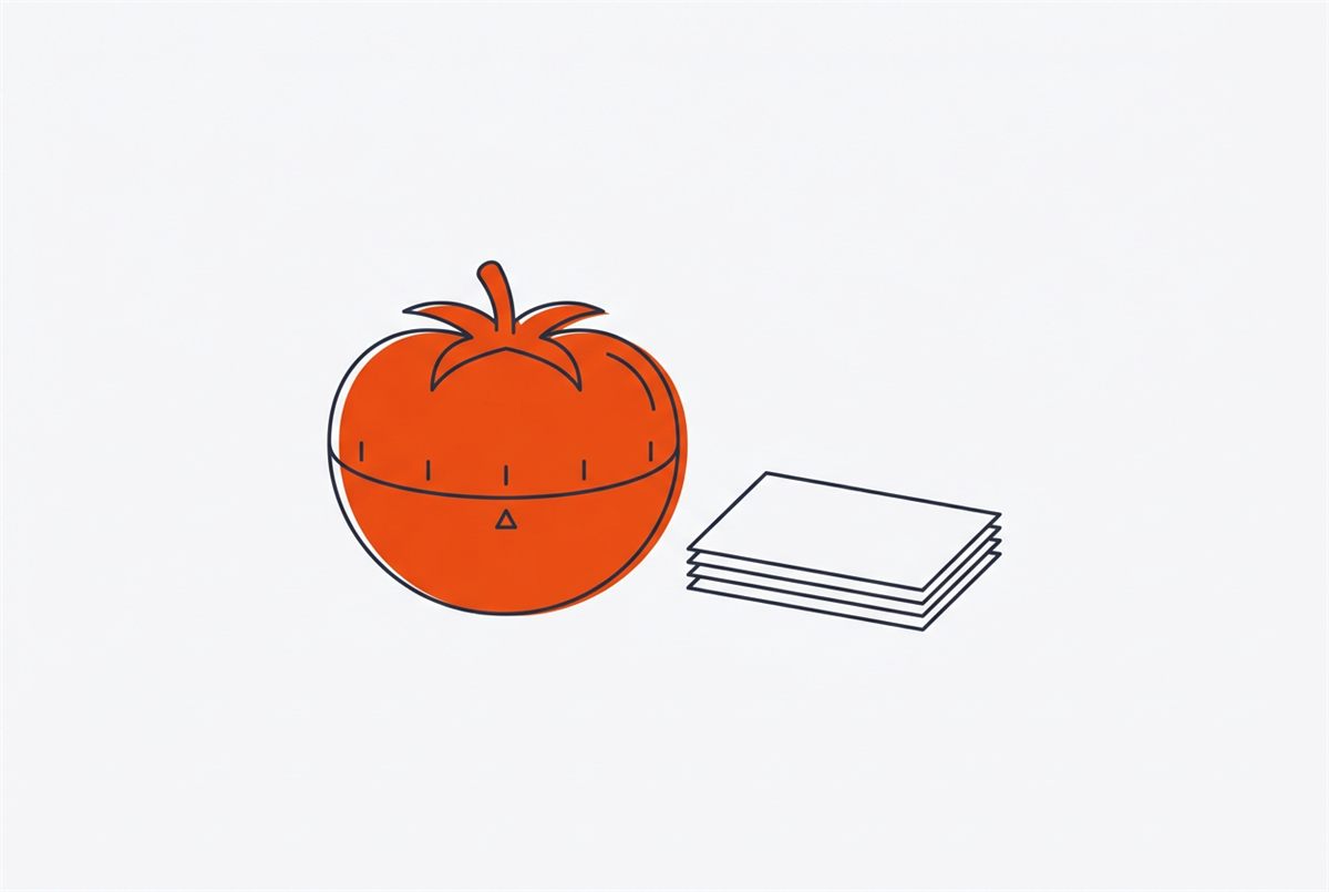 Flat illustration of a Pomodoro timer beside three stacked cards