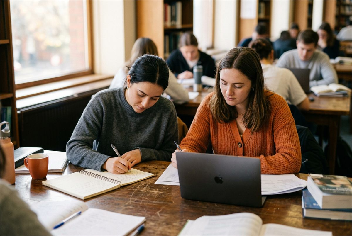 Two students at a shared desk with a laptop and notebook