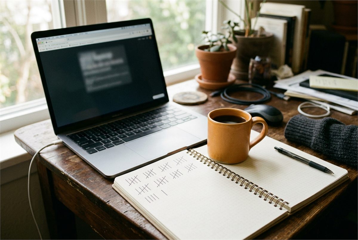 A workspace with a laptop, coffee and a notebook of tally marks