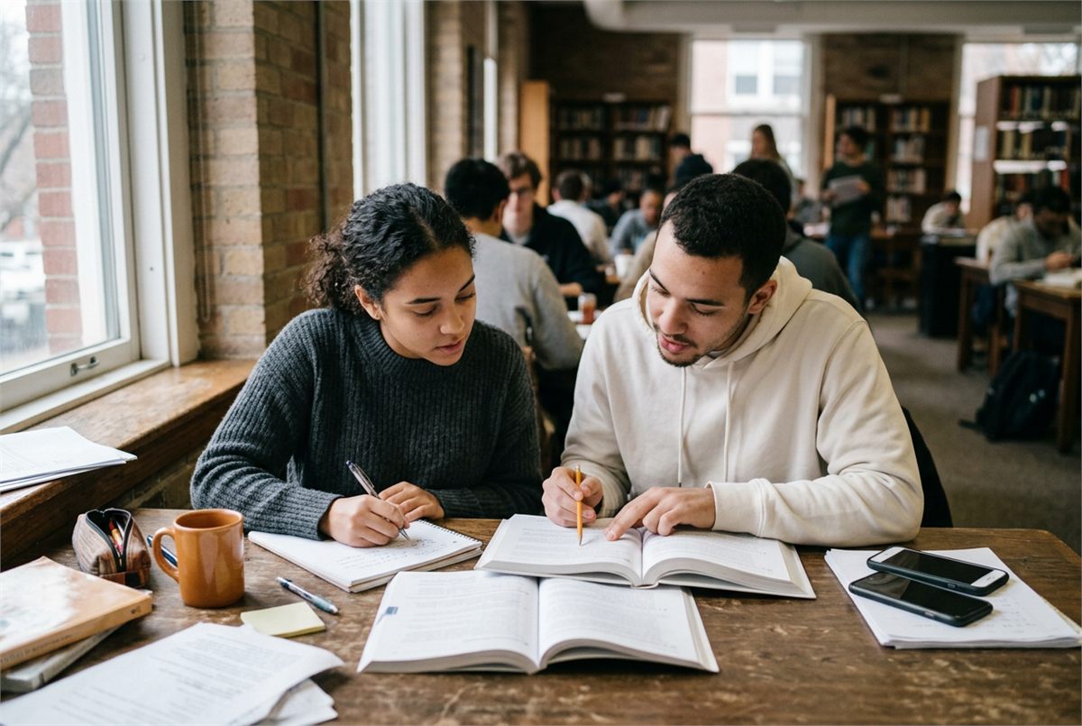 Two students working together with their phones stacked face down