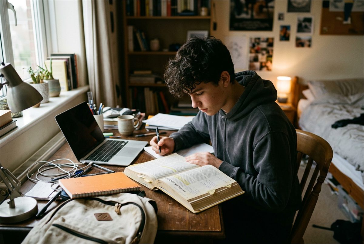 A teenager studying independently with a textbook open beside a laptop