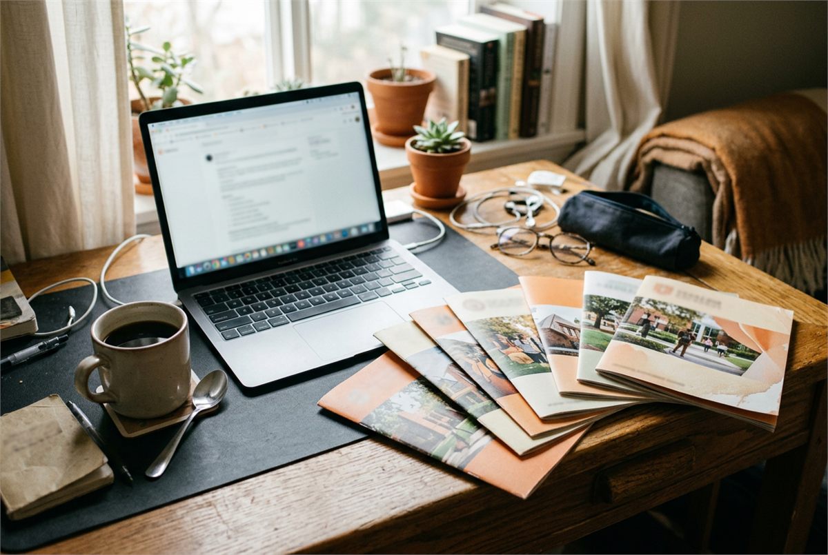 A workspace with coffee, a laptop and a fan of college brochures