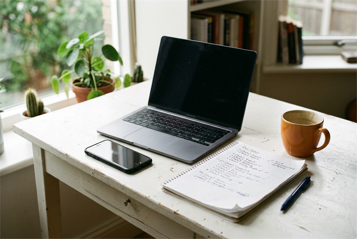 A laptop and phone on a white desk beside a handwritten list of due dates