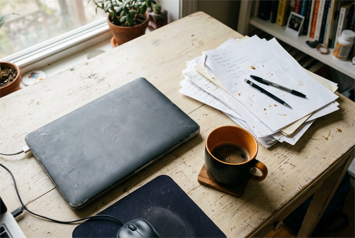 Flat lay of a laptop, coffee and a stack of assignment sheets