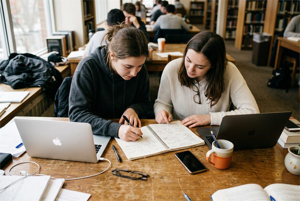 Overhead view of two students working with laptops and a shared notebook
