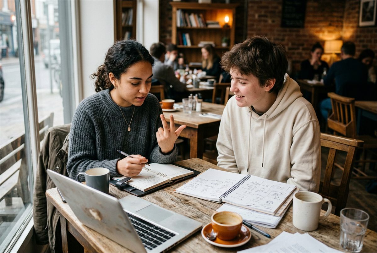Two students planning their budget with planners and a laptop at a coffee shop