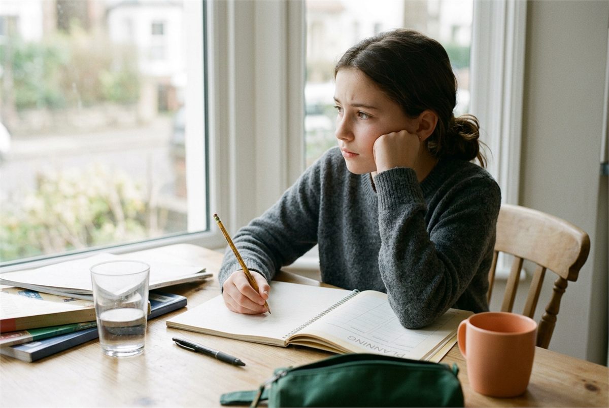 A middle school student pausing over a blank planning page before starting work