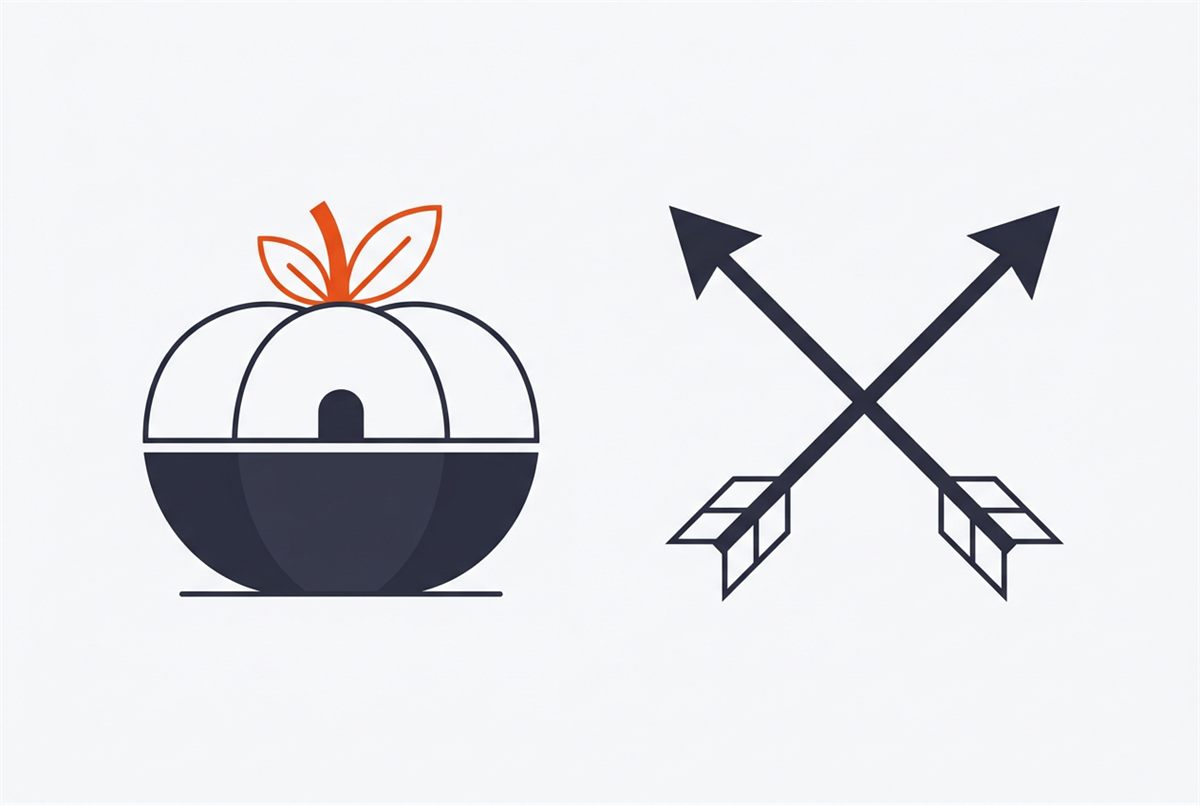 Flat illustration of a Pomodoro timer beside two crossing arrows, representing multitasking