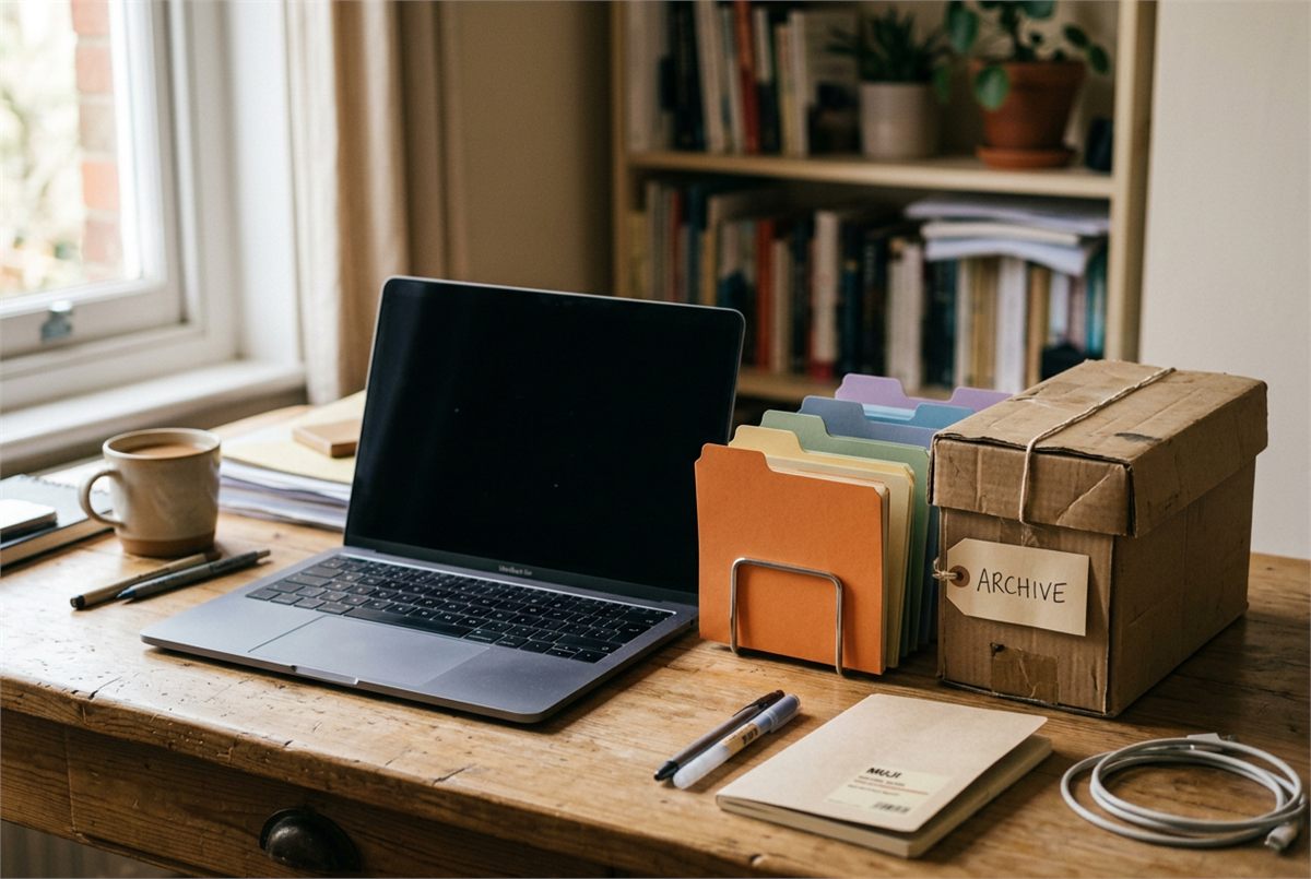 A laptop beside coloured folder dividers and a labelled storage box