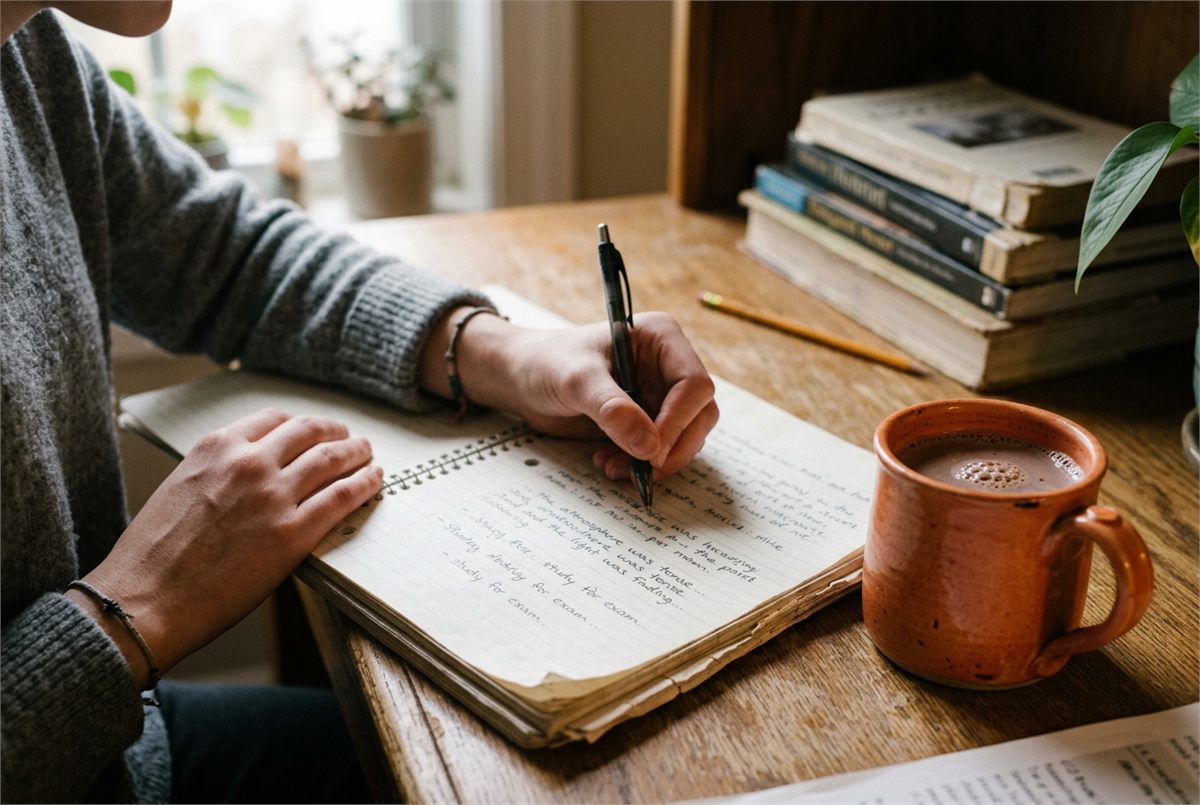 Close-up of a young student writing a short reflection beside a mug