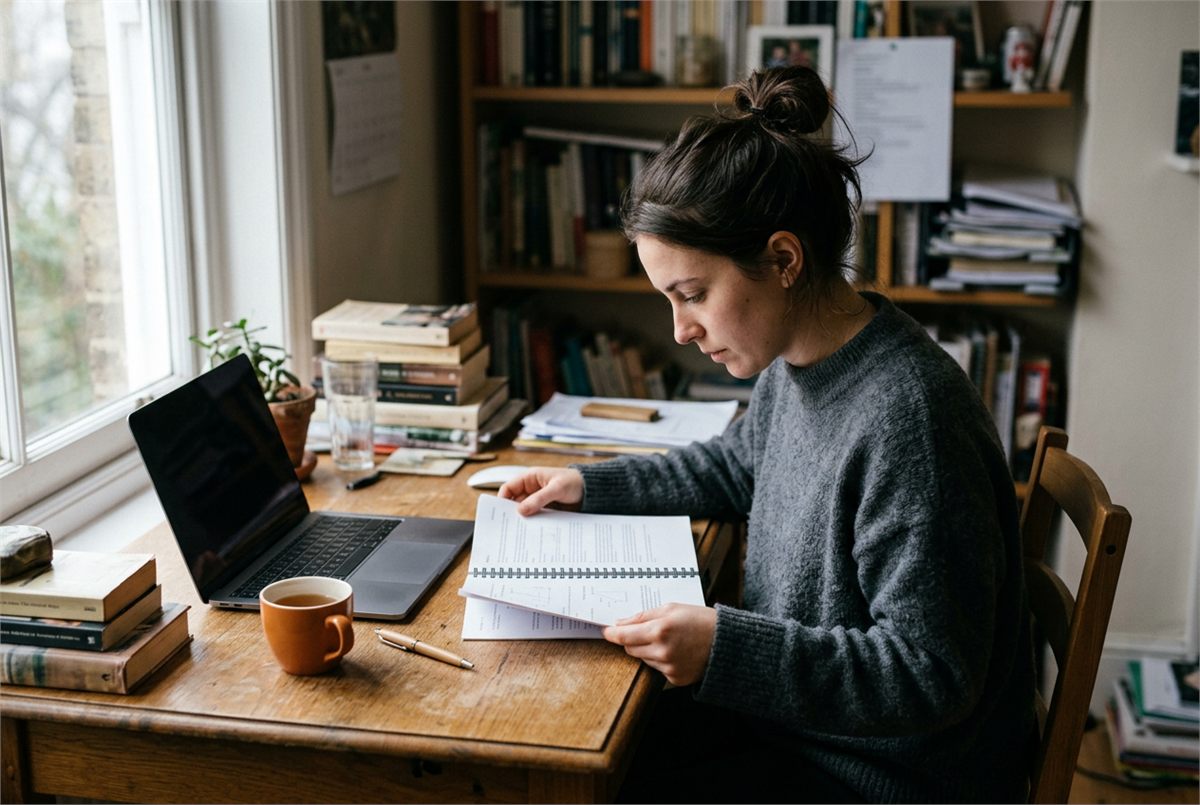 A student reading a printed handbook page with a closed laptop beside them