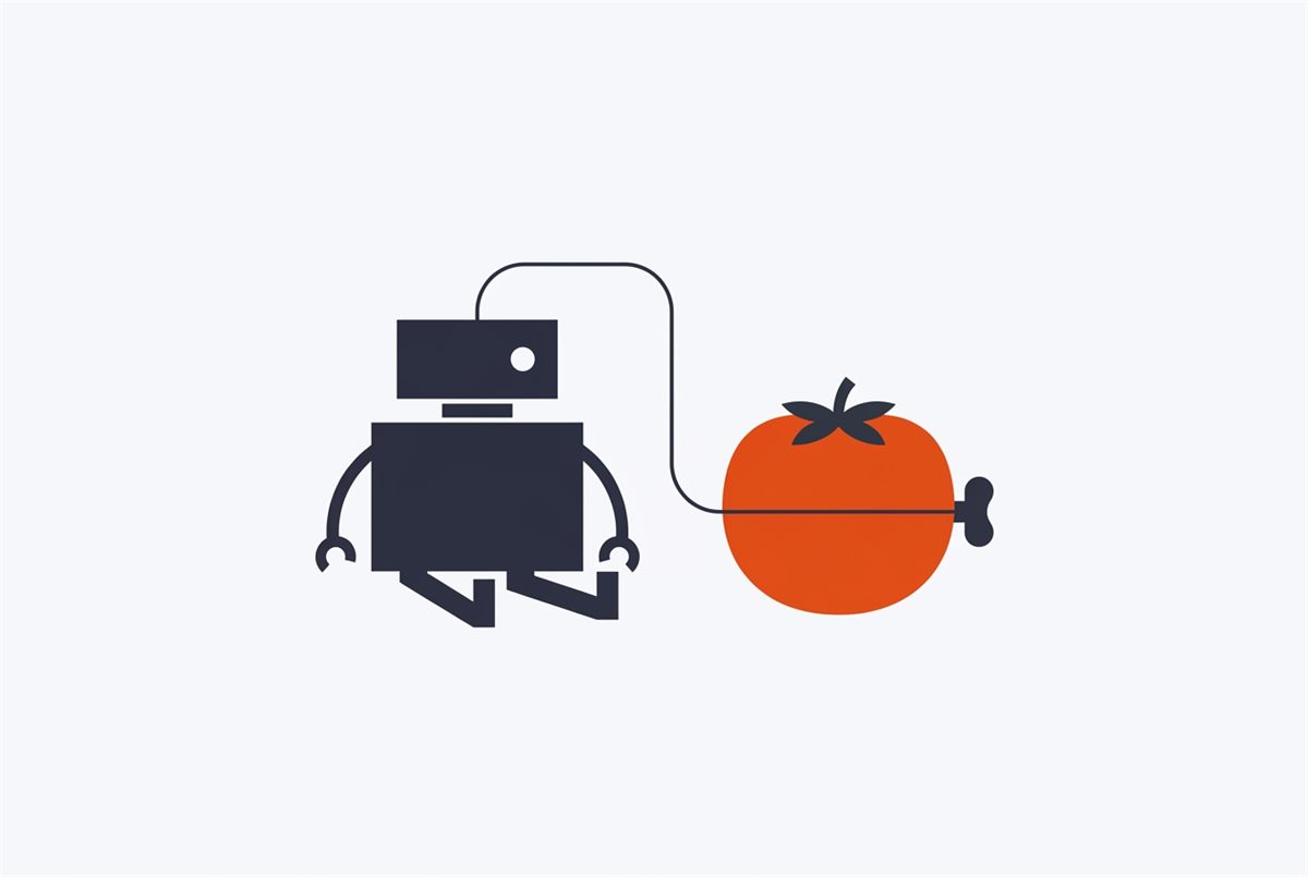 Flat illustration of a simple robot form beside a Pomodoro timer