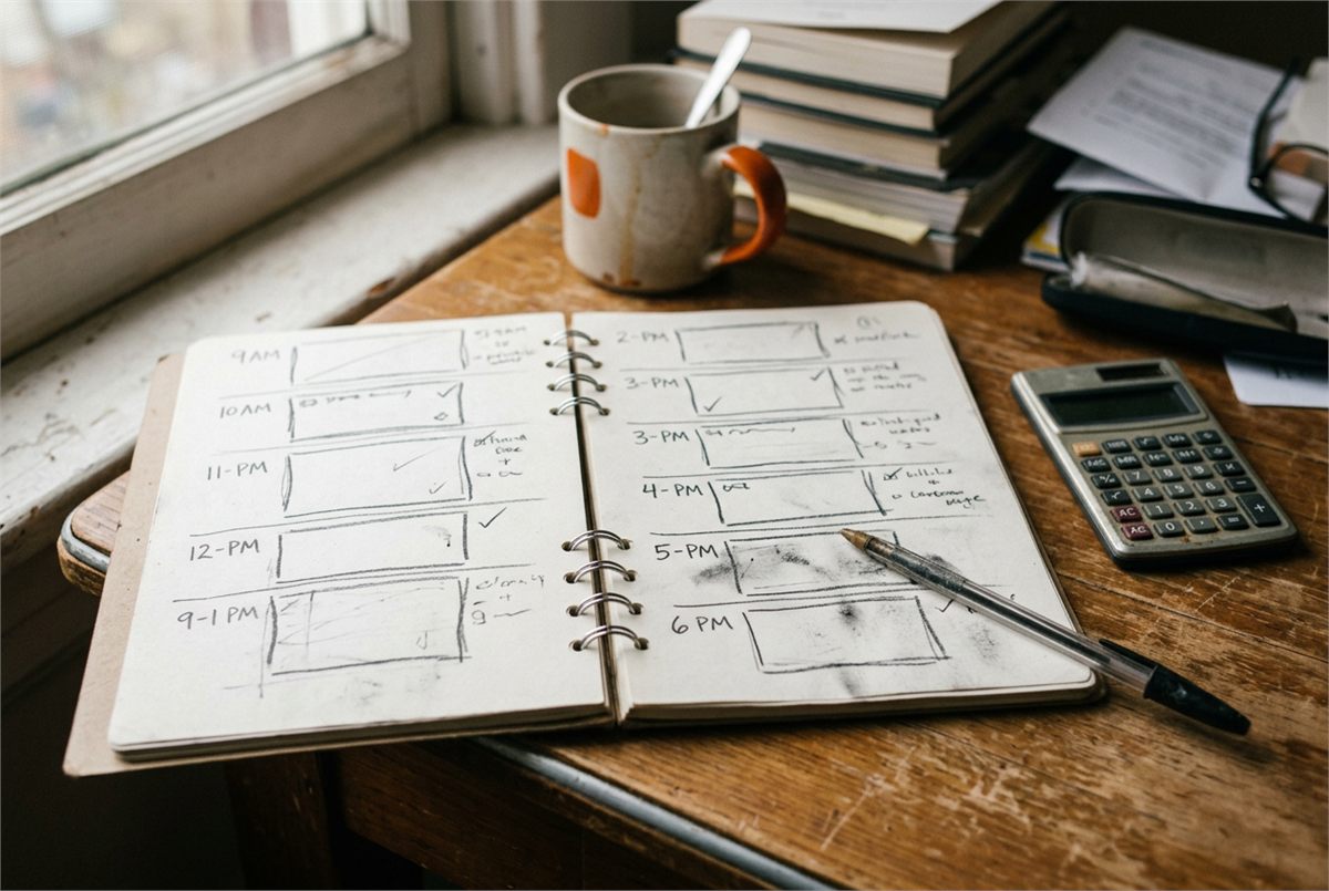 An open notebook with hand-drawn hour blocks beside a calculator and pen