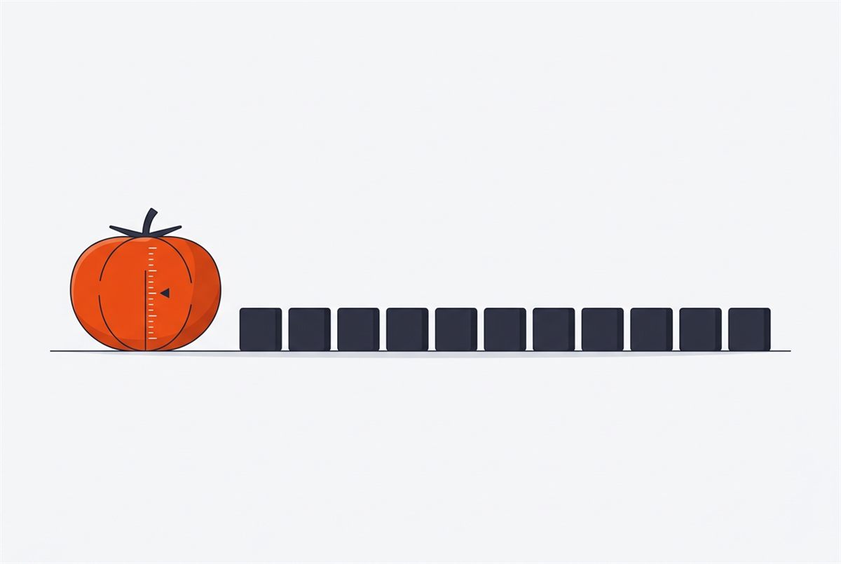 Flat illustration of a Pomodoro timer beside a row of even hour blocks