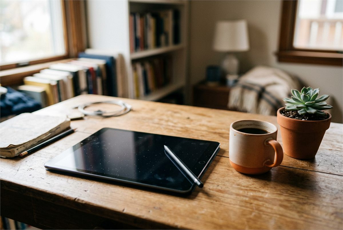 A tablet and stylus on a desk beside a mug and a small plant