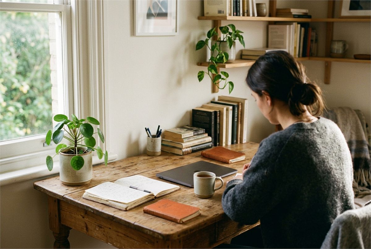 A calm study nook with a wooden desk, plants and soft afternoon light