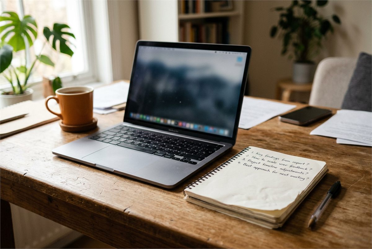 A laptop beside a notebook of handwritten research questions
