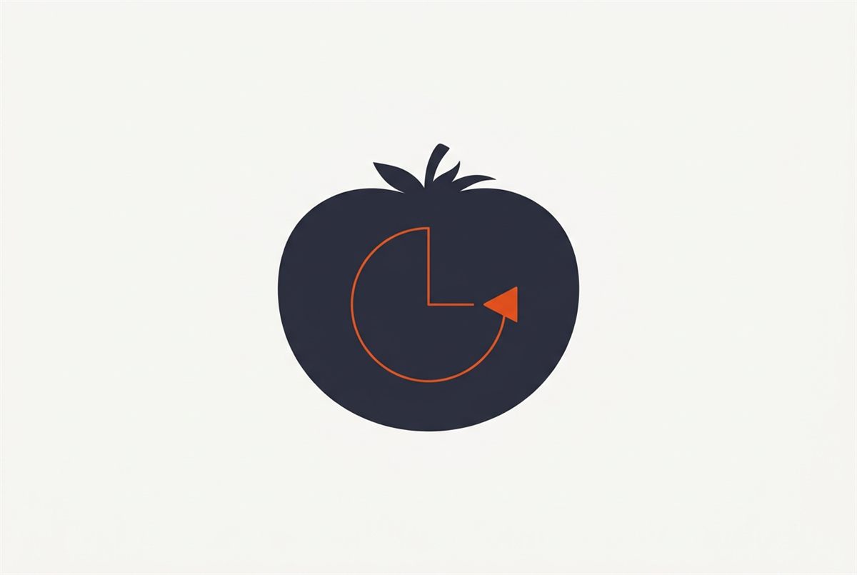 Flat illustration of a tomato-shaped Pomodoro timer with a quarter-turn dial