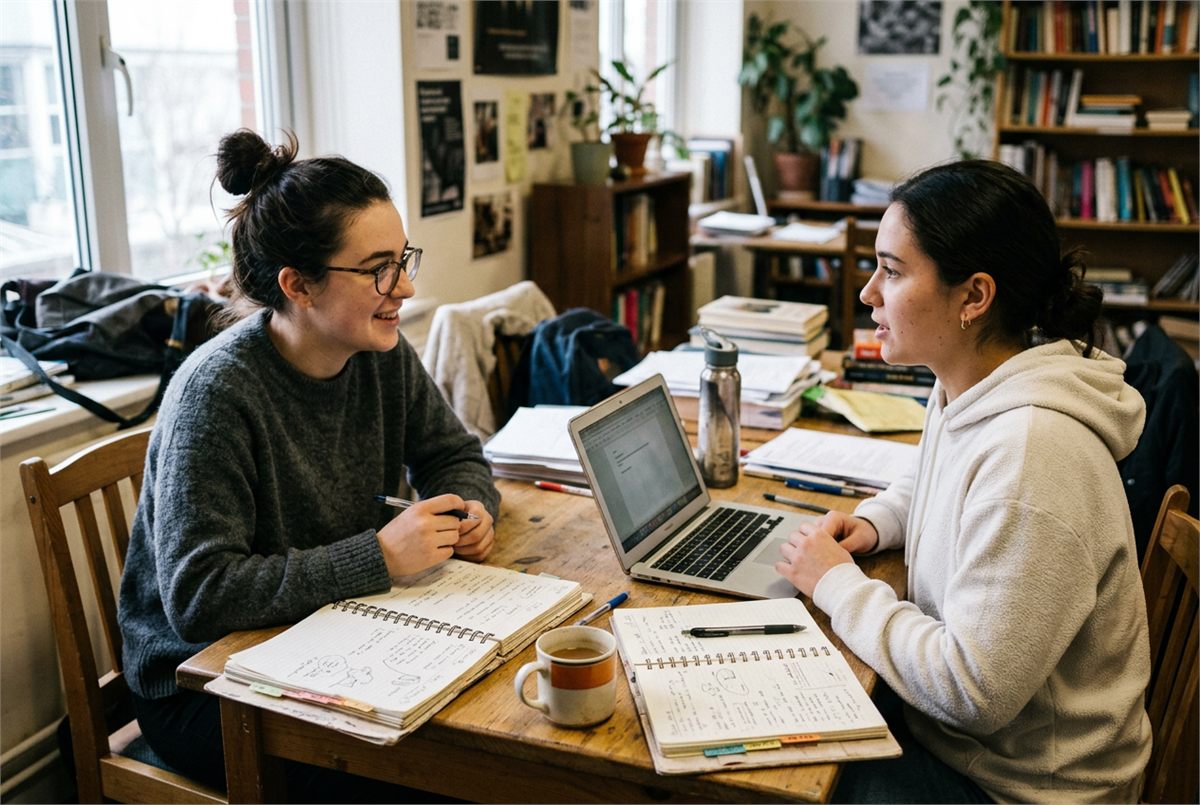 Two students talking through their plans over a laptop and paper planners