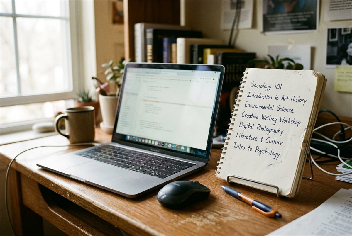 A laptop beside a handwritten list of classes on a notepad