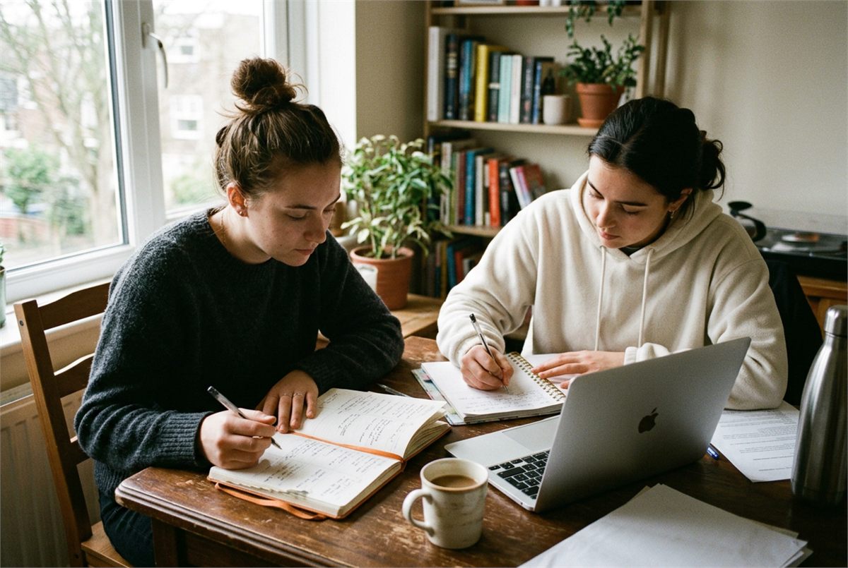 Two students at a desk with a laptop and paper planners