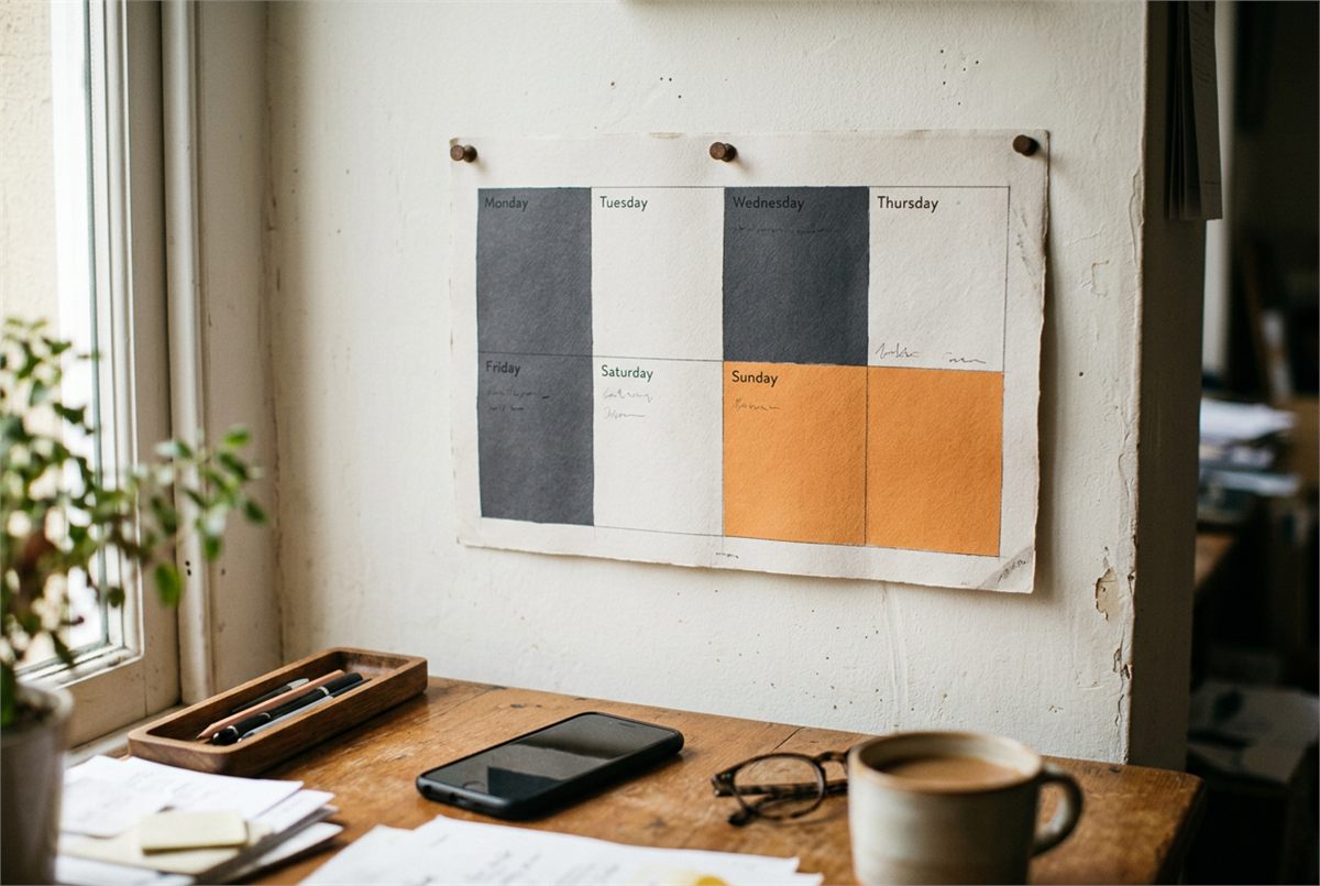 A colour-blocked paper weekly calendar pinned above a desk
