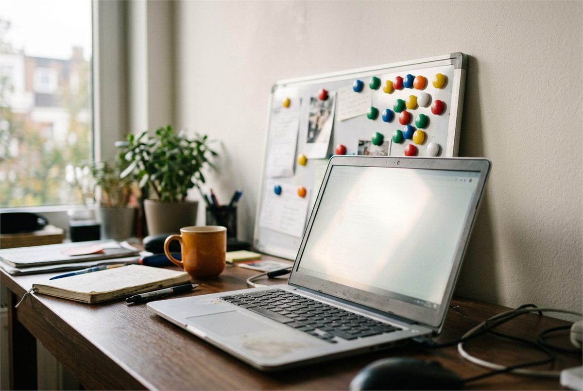 A laptop on a desk in front of a whiteboard with coloured magnets