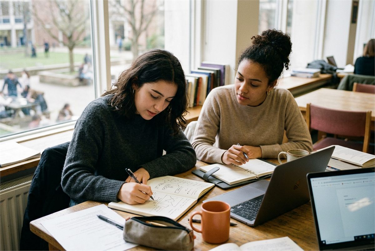 Two students working together, one sketching a diagram on paper