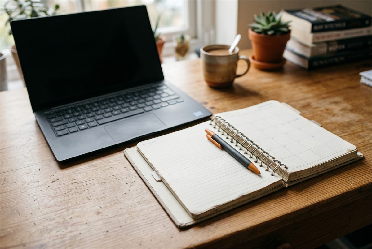 A laptop and an open paper planner side by side on a desk