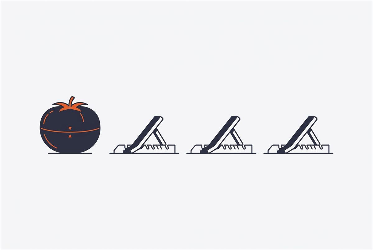 Flat illustration of a Pomodoro timer beside three short focus sprints