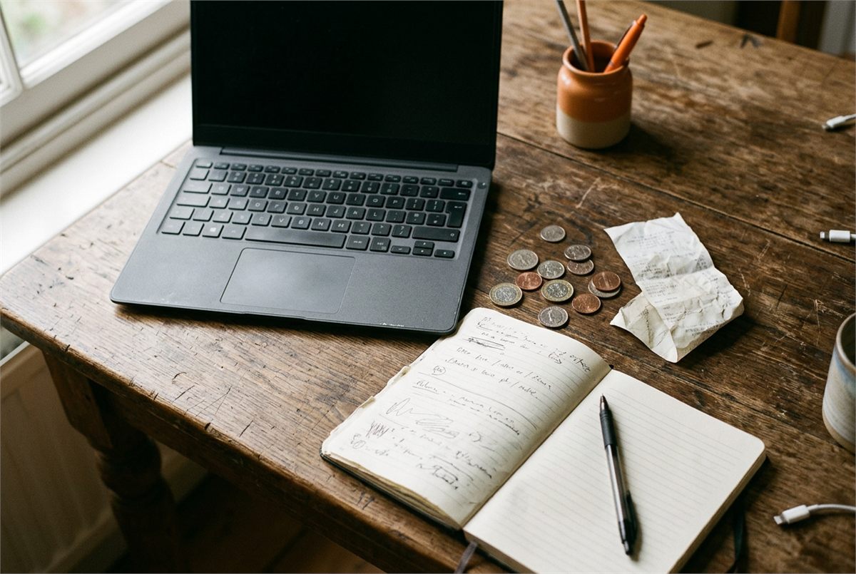 Flat lay of a laptop, notebook, coins and a folded receipt