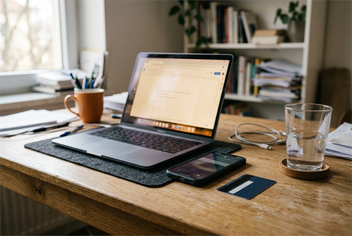 A laptop and phone on a desk beside a face-down bank card