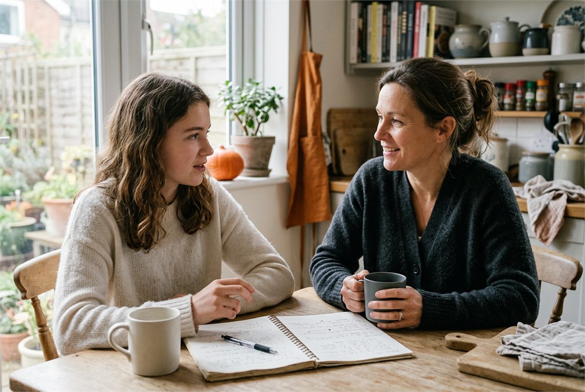 A teenager and parent talking over an open notebook at the kitchen table