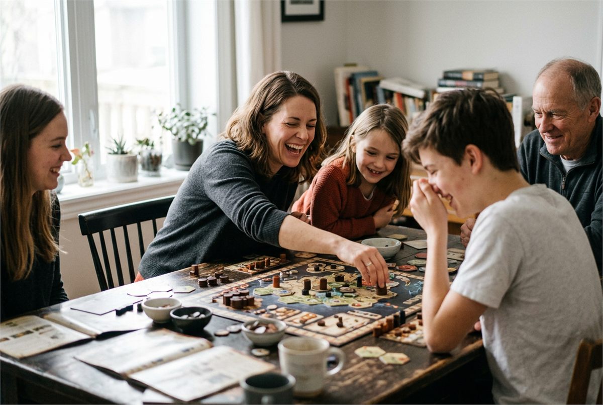 A family playing a strategy board game together at the table