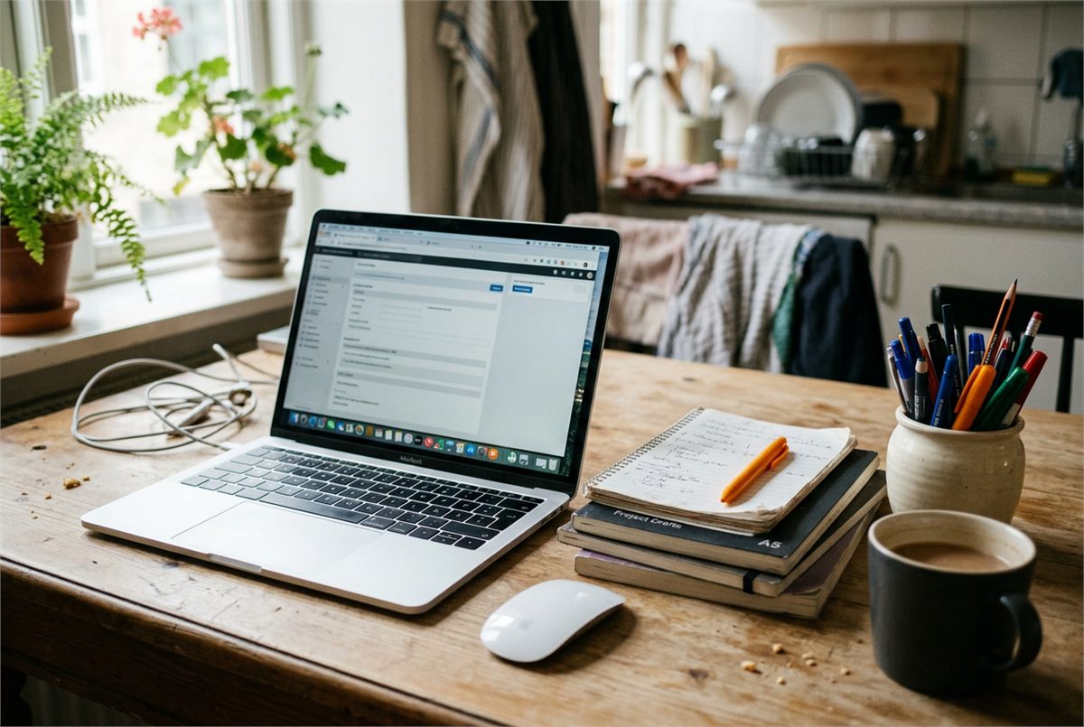 A laptop on a kitchen table beside workbooks and coloured pens