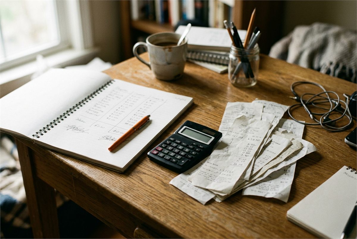 A calculator and receipts spread beside an open notebook on a desk
