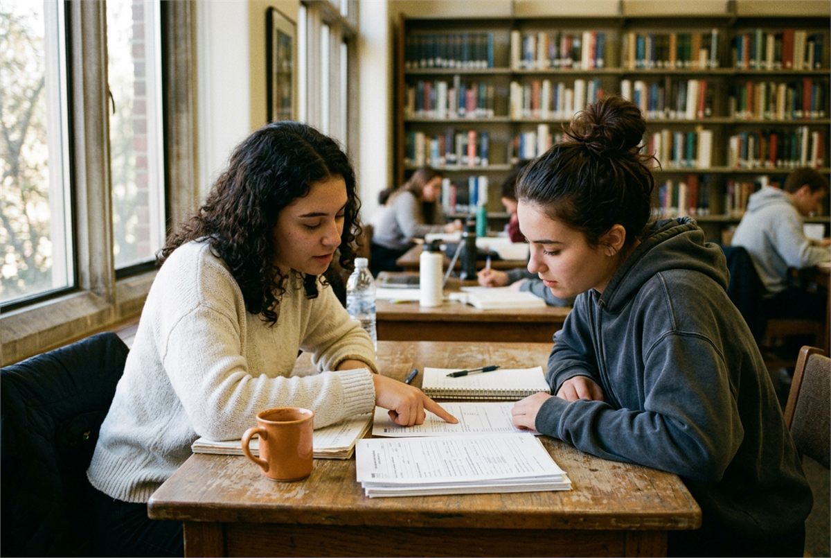Two students reviewing printed scholarship forms at a library table
