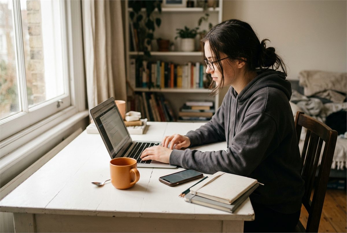 A student at a minimal white desk with a laptop, phone and two notebooks