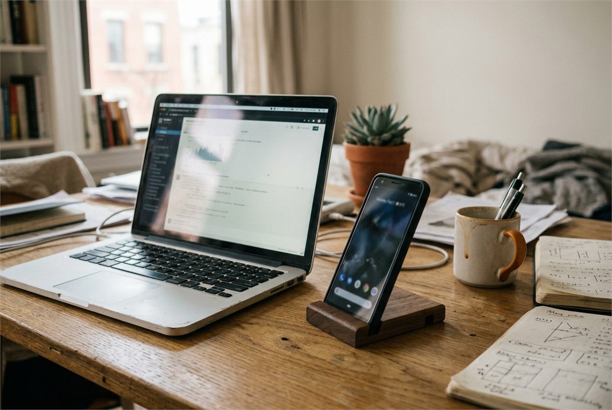 A laptop beside a smartphone propped on a stand