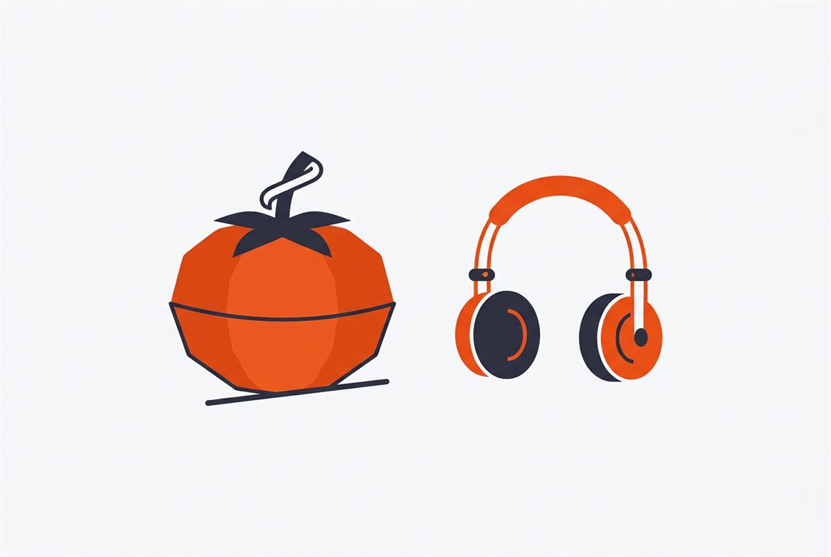 Flat illustration of a Pomodoro timer beside a pair of headphones
