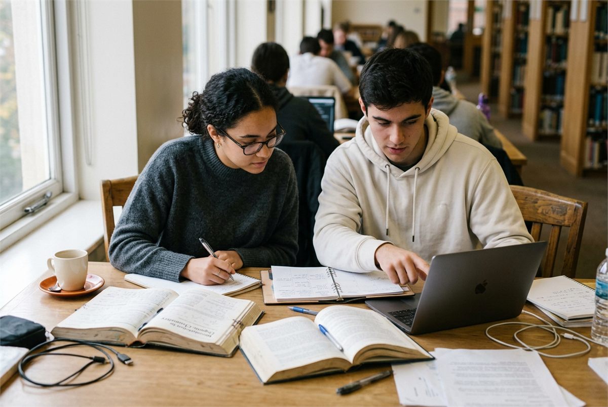 Two students at a desk with a laptop, open books and planners