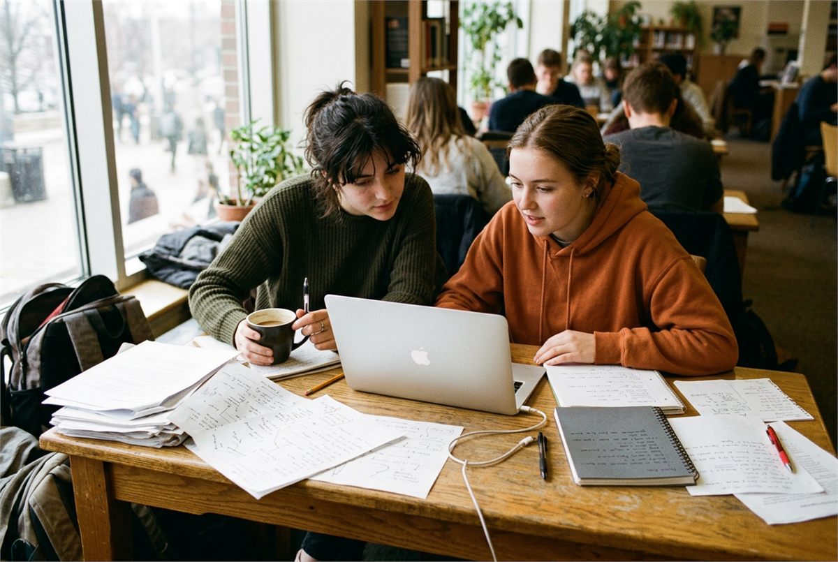 Two students working at a laptop with handwritten notes spread around