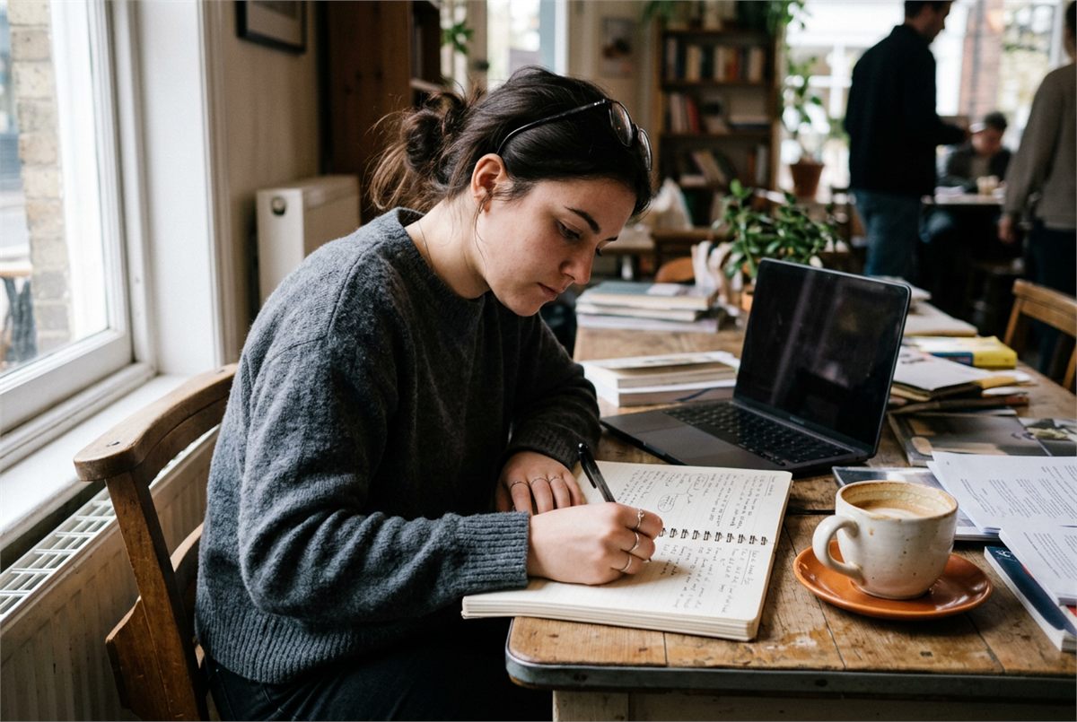 A student writing in a notebook beside coffee with the laptop closed