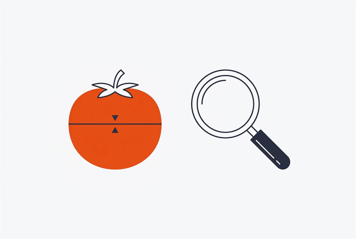 Flat illustration of a Pomodoro timer beside a magnifying glass