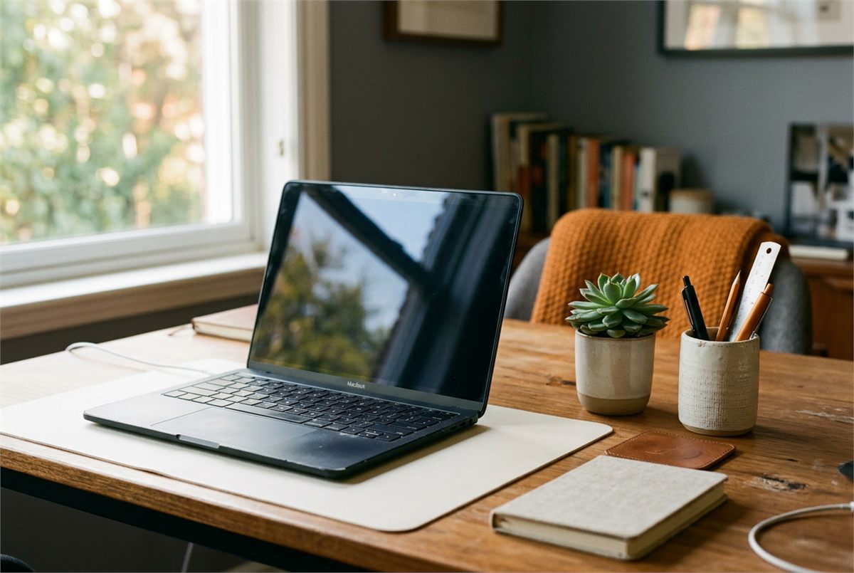 A laptop on a tidy desk beside a small plant and pen pot