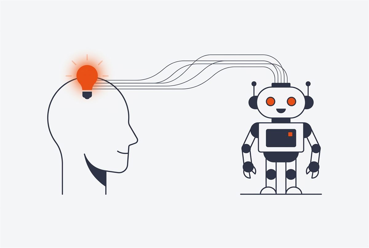 Flat illustration of a human profile with a lightbulb linked to a friendly robot form