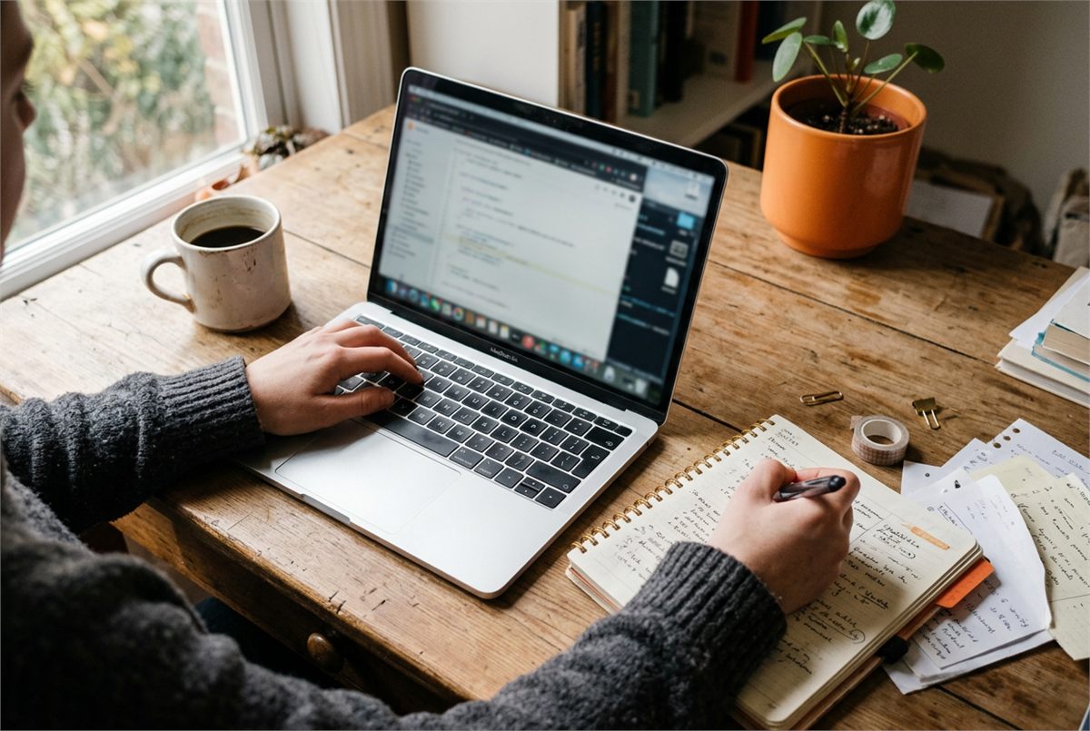 Overhead view of one hand typing on a laptop and the other writing in a notebook